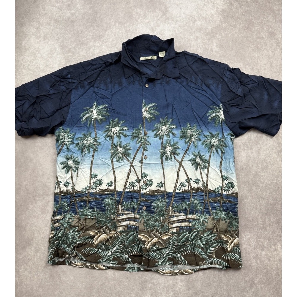 Batik‎ Bay Men's XXL Hawaiiian Shirt Palm Trees Ocean Islands Retro Style Blue